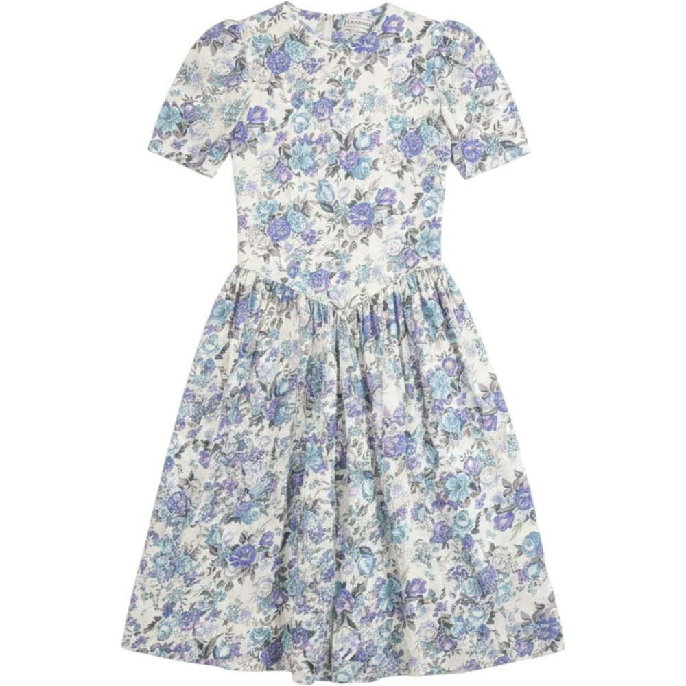 Vintage S. Roberts Floral Midi Dress Blue Purple V-Waist Cottagecore Size 10